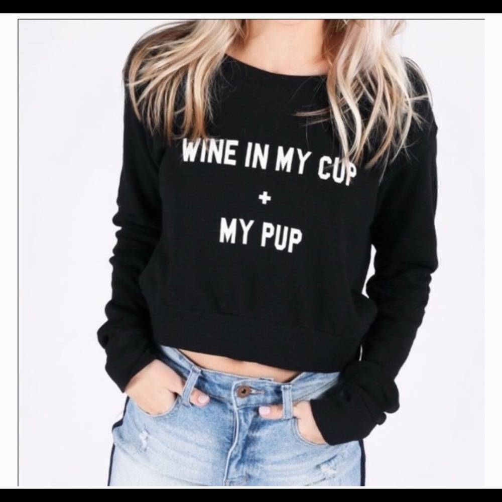 Wild fox wine in my cup + my pup Zoe cropped black long sleeve cotton top
